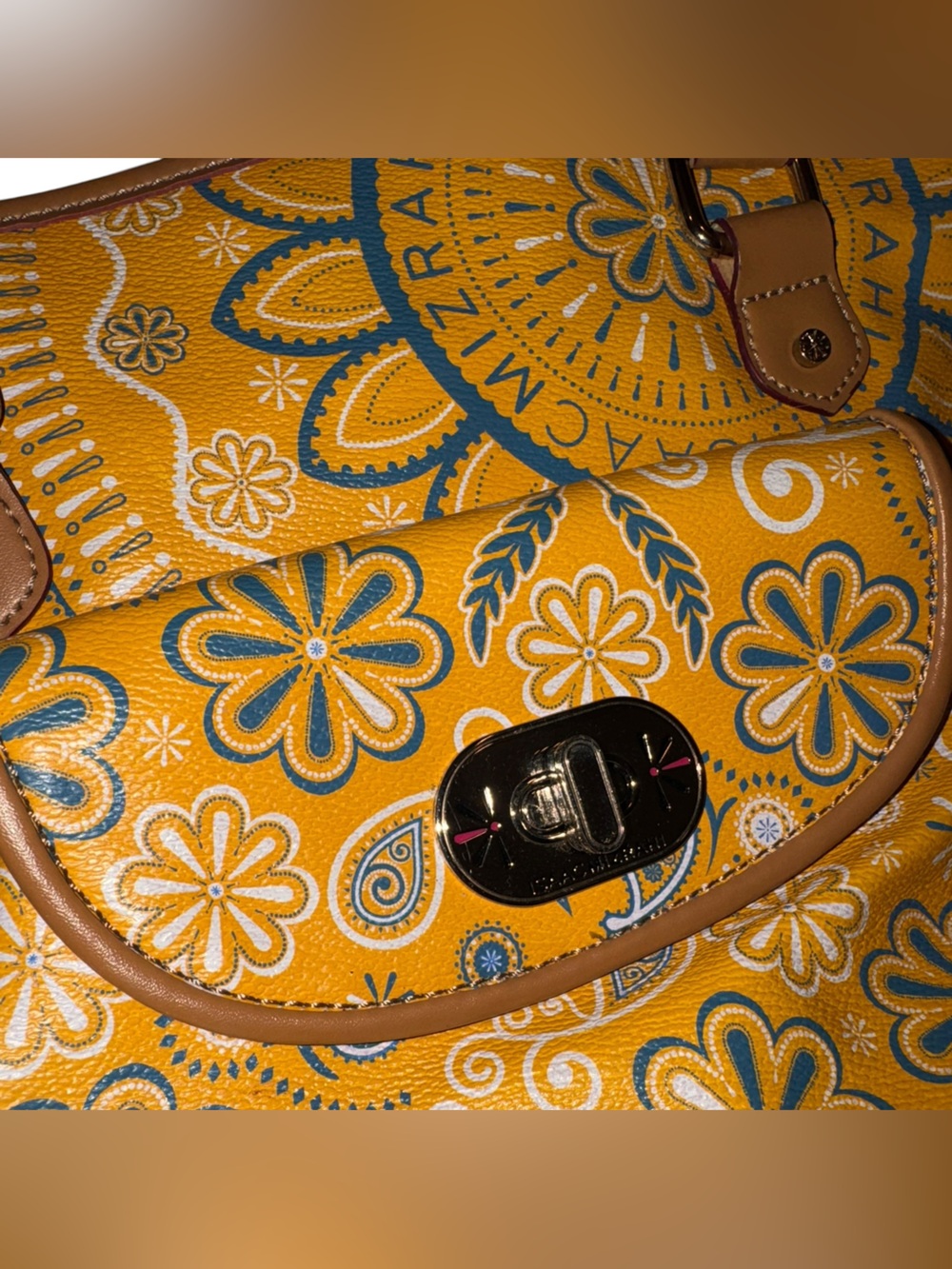 Isaac Mizrahi Yellow Paisley Floral Tote with Tan Handles - Picture 2 of 9